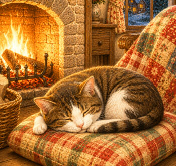 Tabitha the cat asleep beside the fire